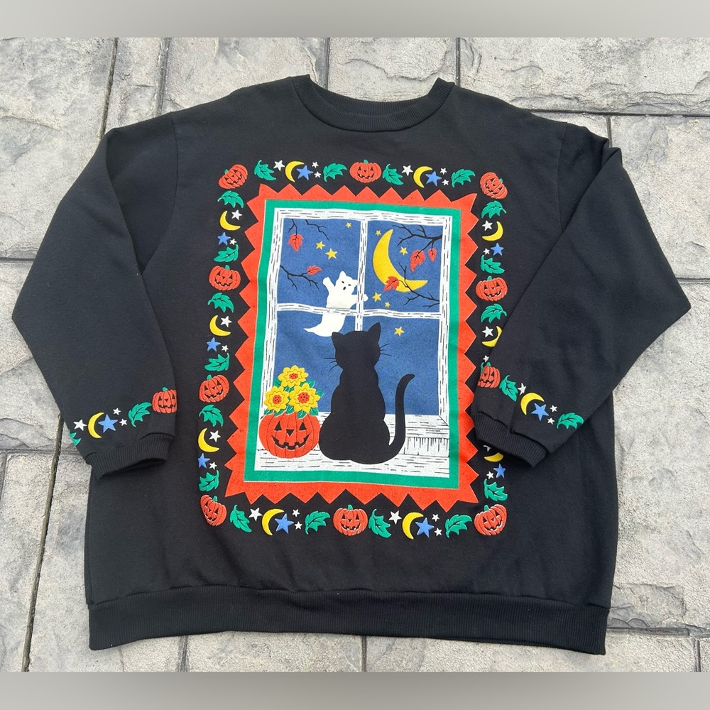 RARE Spumoni Black Cat Ghost Double Sided Novelty Halloween Sweatshirt 2XL